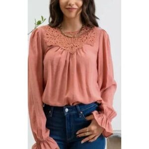 Blu Pepper Women’s Lace Yolk Blouse Boho Peasant Top Accent Blouse Sienna